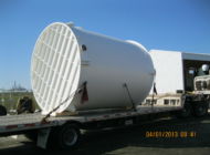 6900 gallon single wall vertical with sloped floor. Interior is lined for 93% Sulphuric Acid Service. 1/2" A36 CS single wall vertical tank with sloped floor.