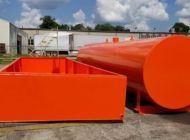 4000 gallon single wall horizontal tank with matching orange colored basin for 110% secondary containment 4000 gallon single wall horizontal tank